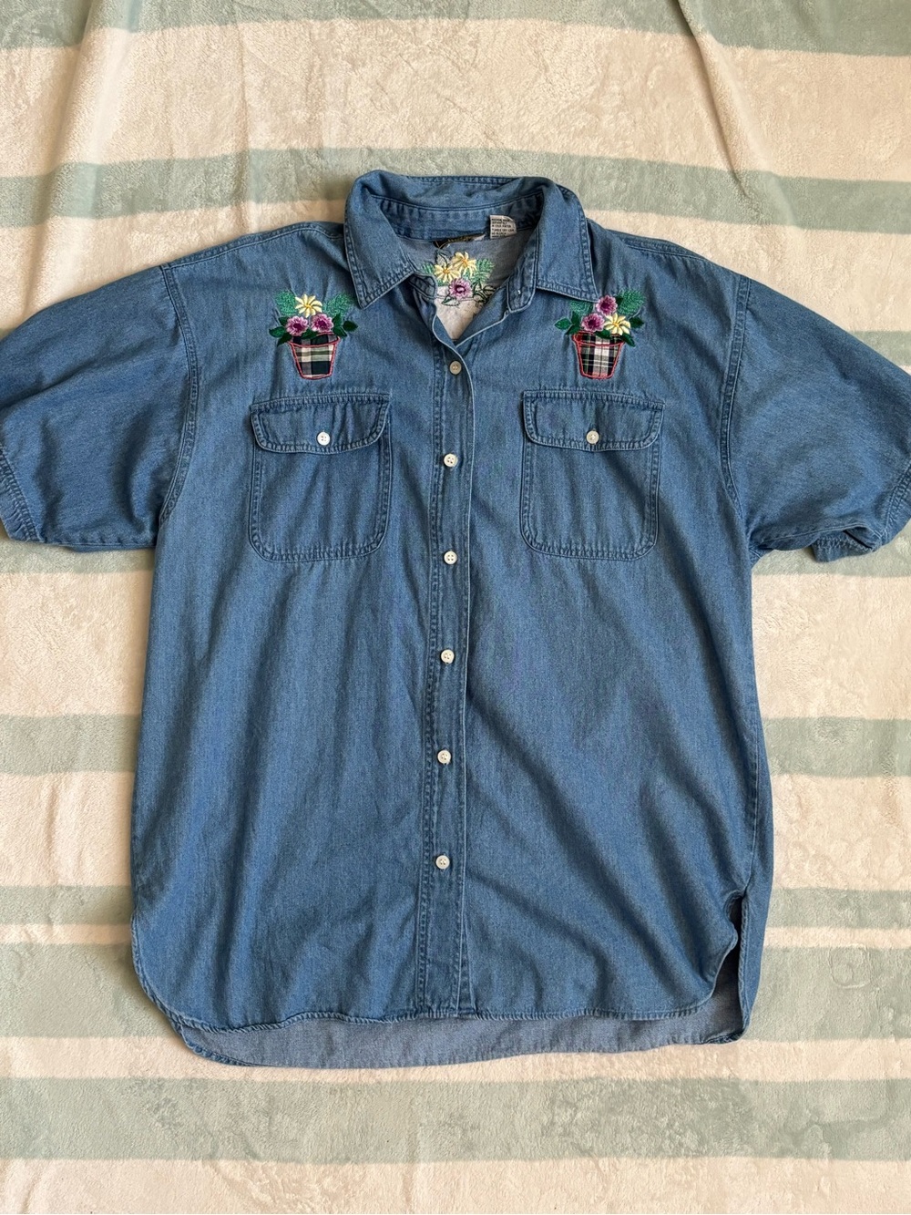 Embroidered Light Blue Denim Button-Down Shirt
